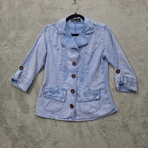 Giocam Blazer M Embroidered Peruvian Cotton Light Wash Stretch Denim Boho Artsy